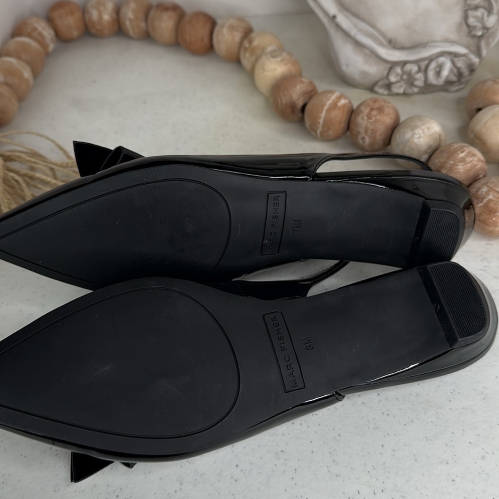 Marc Fisher Black Patent Pointed Toe Slingback Flats with Bow - Picture 9 of 13